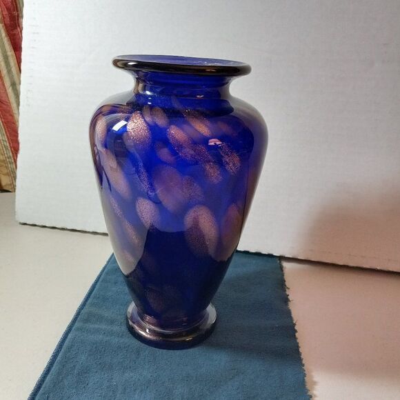 Vintage Art Glass Blue/Gold Colors Vase Cottagecore Grandmacore